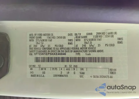 2019 Ford F-150 Xlt z USA, uszkodzony, nr VIN 1FTEW1EP5KKE46846